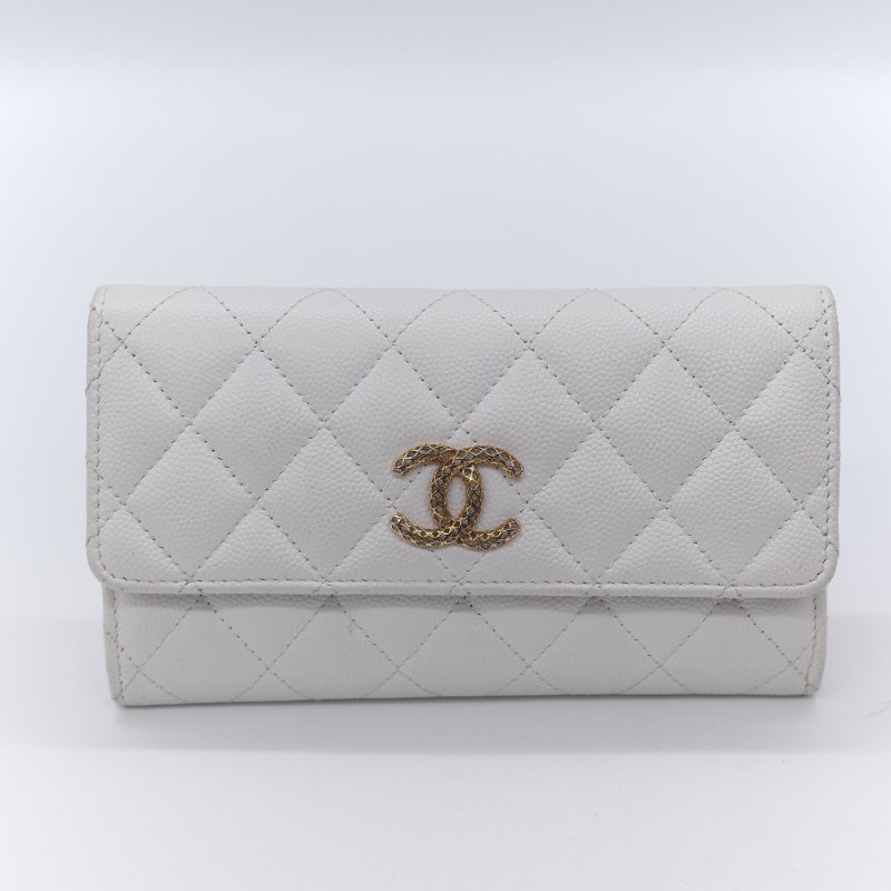 Chanel 香奈兒 經典菱格紋 白色 顆粒小牛皮 荔枝皮 翻蓋長夾-1