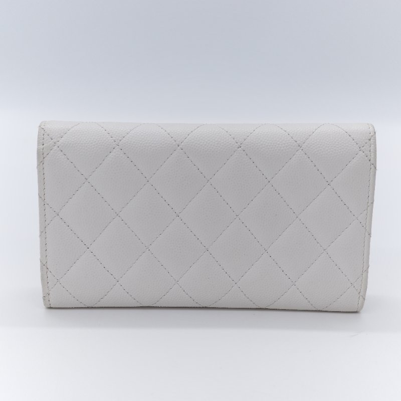 Chanel 香奈兒 經典菱格紋 白色 顆粒小牛皮 荔枝皮 翻蓋長夾-2