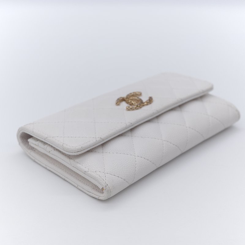 Chanel 香奈兒 經典菱格紋 白色 顆粒小牛皮 荔枝皮 翻蓋長夾-3