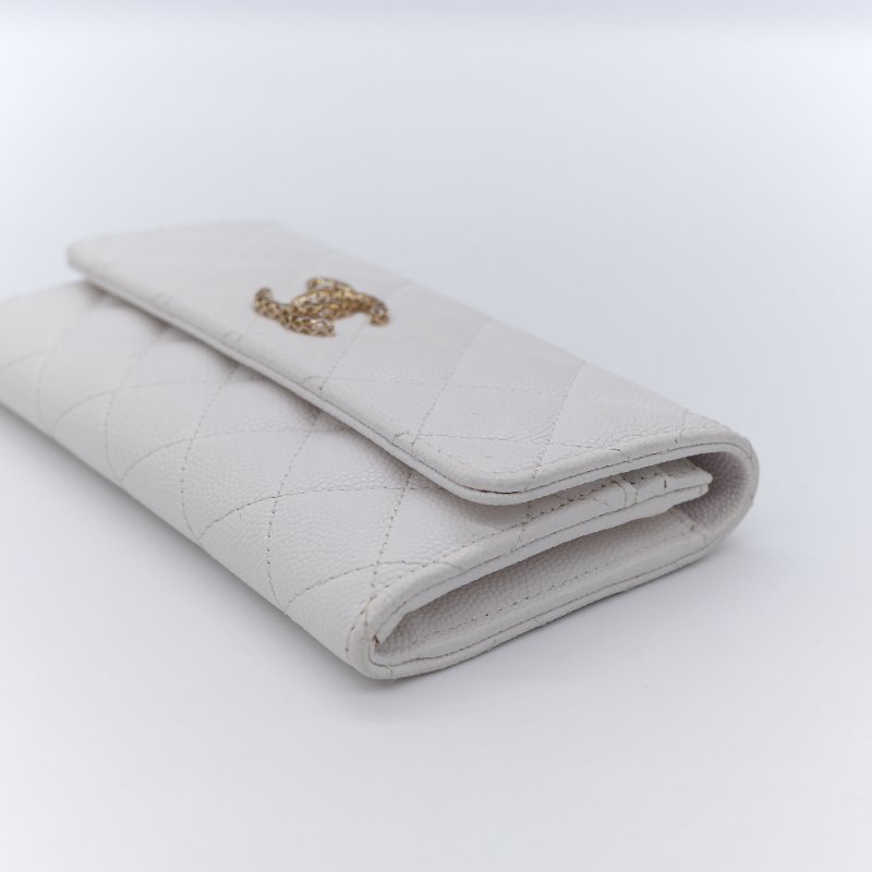 Chanel 香奈兒 經典菱格紋 白色 顆粒小牛皮 荔枝皮 翻蓋長夾-4