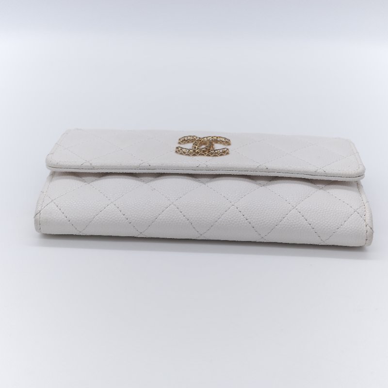 Chanel 香奈兒 經典菱格紋 白色 顆粒小牛皮 荔枝皮 翻蓋長夾-5