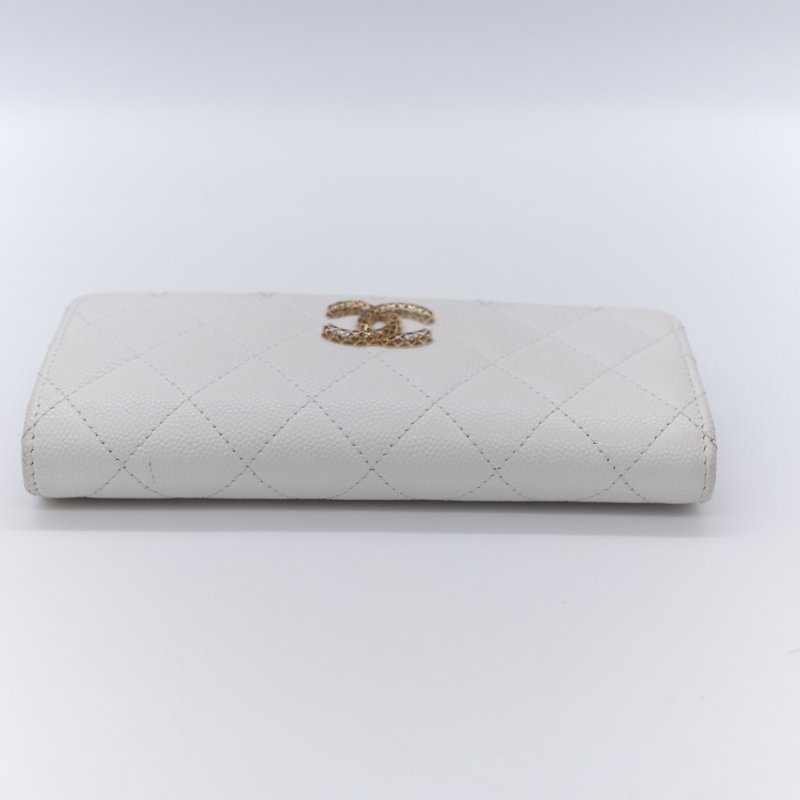 Chanel 香奈兒 經典菱格紋 白色 顆粒小牛皮 荔枝皮 翻蓋長夾-6