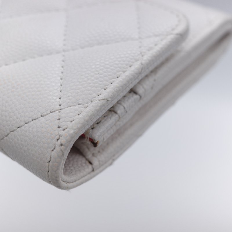 Chanel 香奈兒 經典菱格紋 白色 顆粒小牛皮 荔枝皮 翻蓋長夾-7