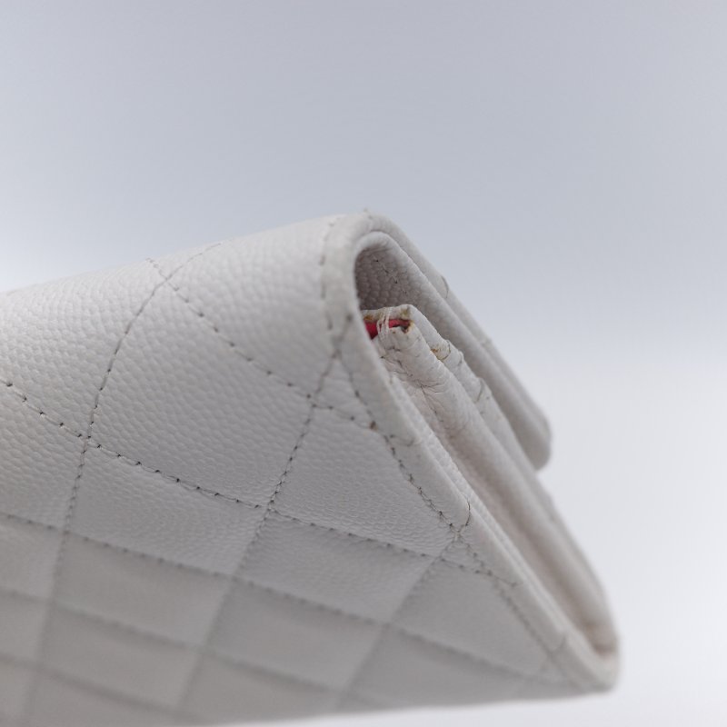 Chanel 香奈兒 經典菱格紋 白色 顆粒小牛皮 荔枝皮 翻蓋長夾-8