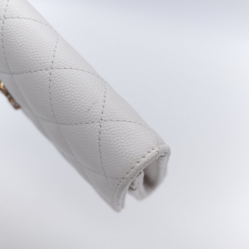 Chanel 香奈兒 經典菱格紋 白色 顆粒小牛皮 荔枝皮 翻蓋長夾-9