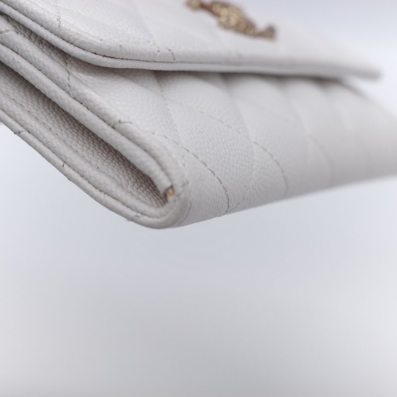 Chanel 香奈兒 經典菱格紋 白色 顆粒小牛皮 荔枝皮 翻蓋長夾-10