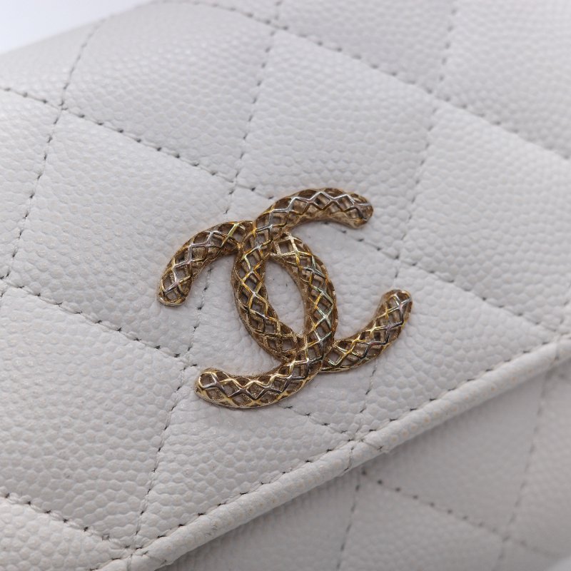 Chanel 香奈兒 經典菱格紋 白色 顆粒小牛皮 荔枝皮 翻蓋長夾-12
