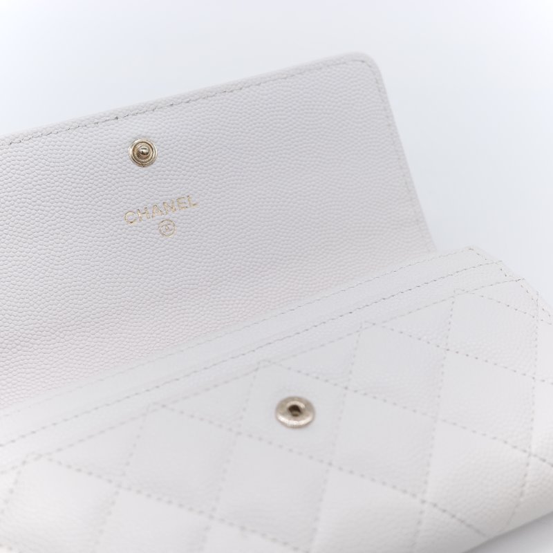 Chanel 香奈兒 經典菱格紋 白色 顆粒小牛皮 荔枝皮 翻蓋長夾-14
