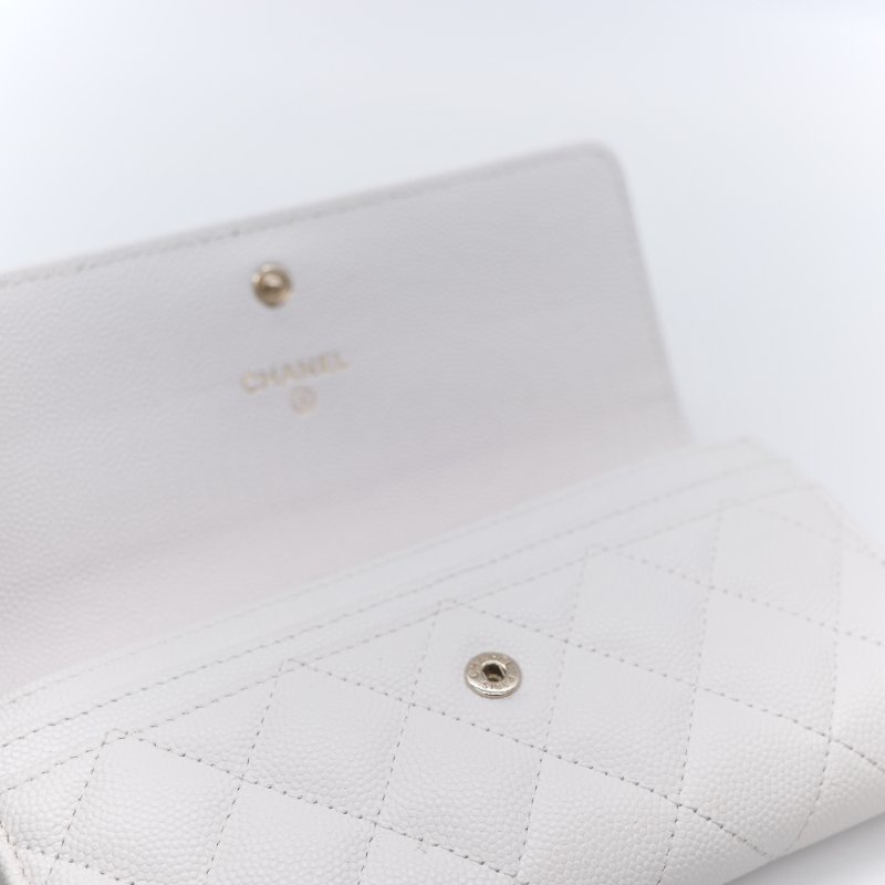 Chanel 香奈兒 經典菱格紋 白色 顆粒小牛皮 荔枝皮 翻蓋長夾-15