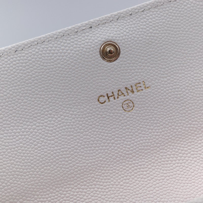 Chanel 香奈兒 經典菱格紋 白色 顆粒小牛皮 荔枝皮 翻蓋長夾-17