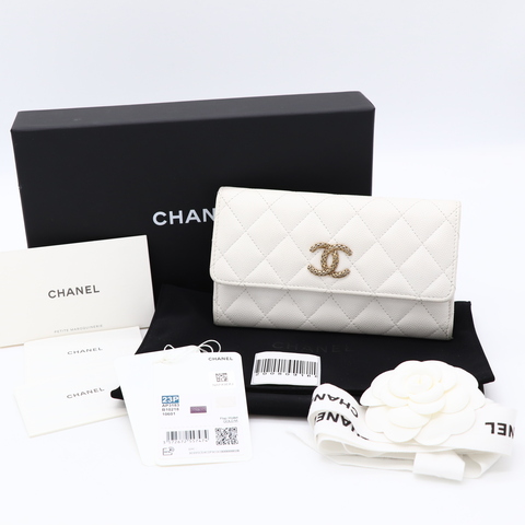 Chanel 香奈兒 經典菱格紋 白色 顆粒小牛皮 荔枝皮 翻蓋長夾