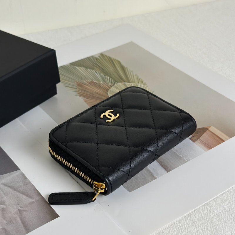 CHANEL 經典羊皮拉鍊零錢包 - 黑金-1