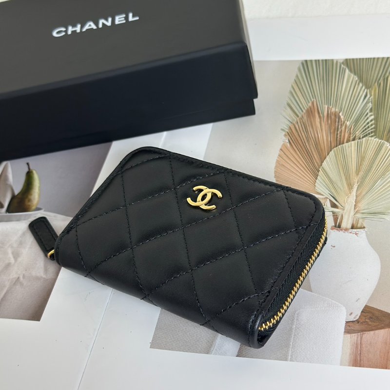 CHANEL 經典羊皮拉鍊零錢包 - 黑金-2