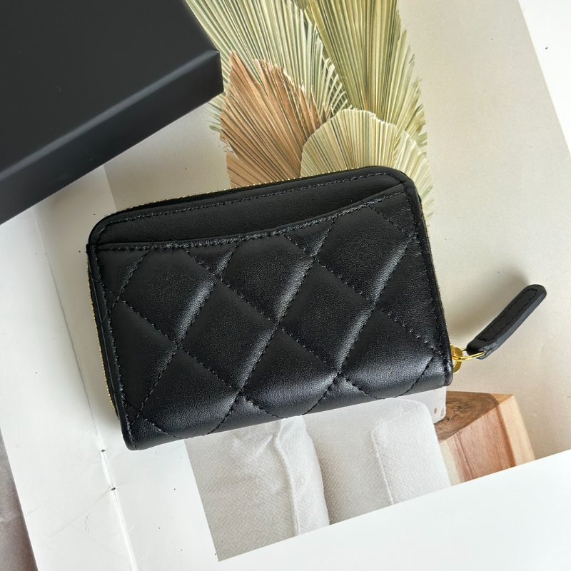 CHANEL 經典羊皮拉鍊零錢包 - 黑金-4