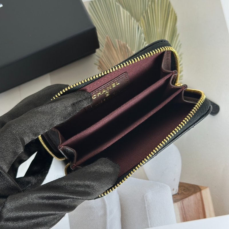 CHANEL 經典羊皮拉鍊零錢包 - 黑金-5