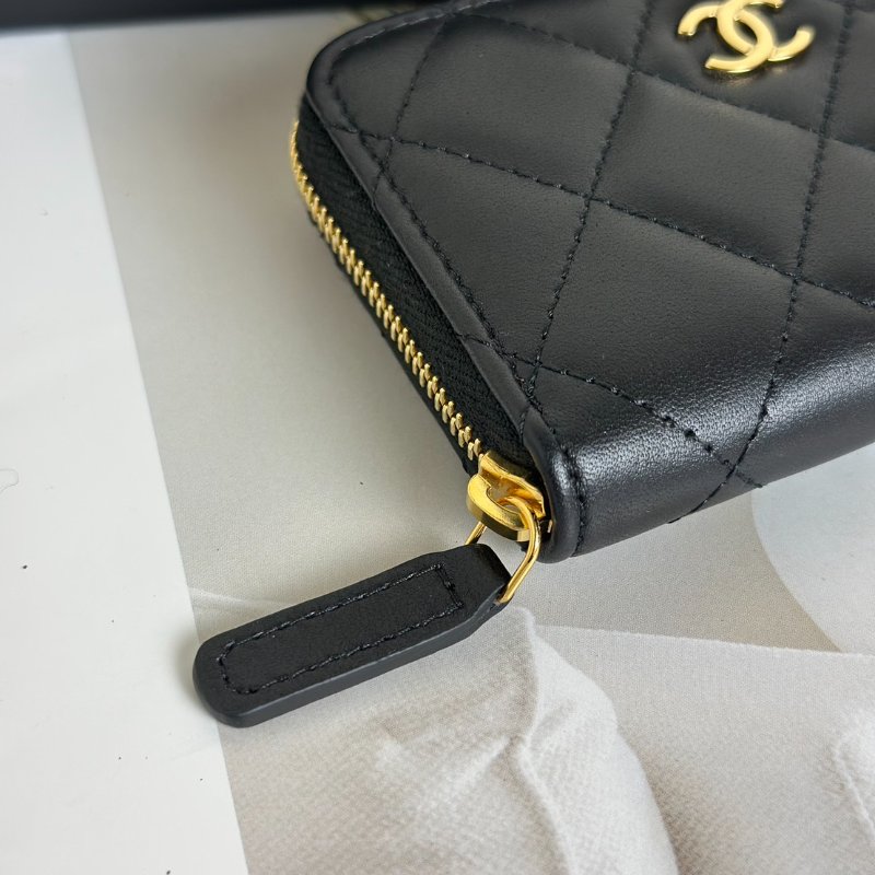 CHANEL 經典羊皮拉鍊零錢包 - 黑金-6