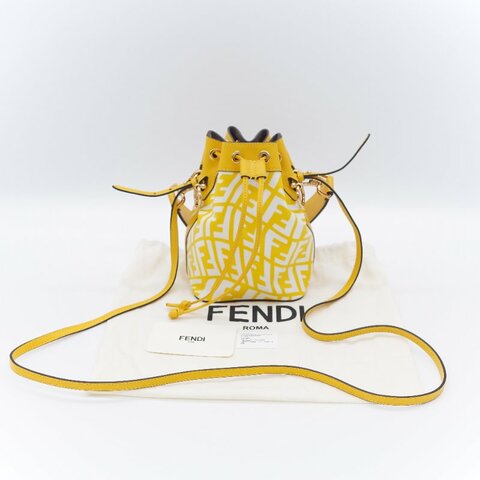 Fendi 芬迪 檸檬黃 印花帆布拚牛皮 迷你水桶包 手提包 斜掛包