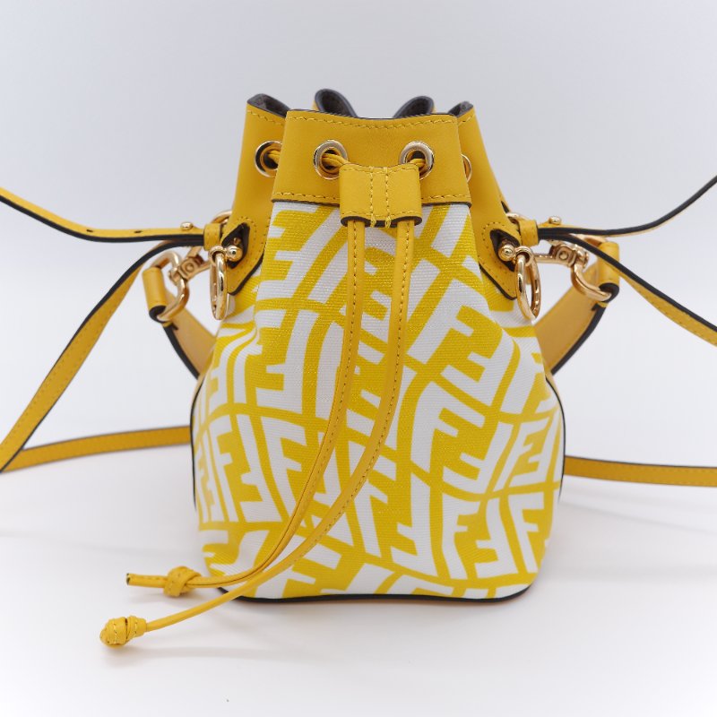 Fendi 芬迪 檸檬黃 印花帆布拚牛皮 迷你水桶包 手提包 斜掛包-1