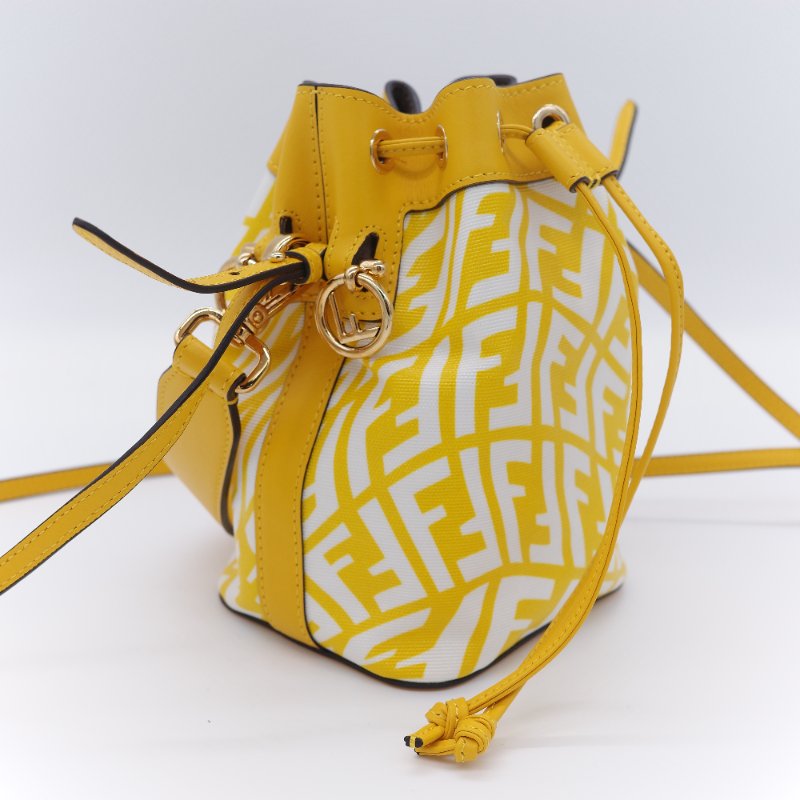 Fendi 芬迪 檸檬黃 印花帆布拚牛皮 迷你水桶包 手提包 斜掛包-2