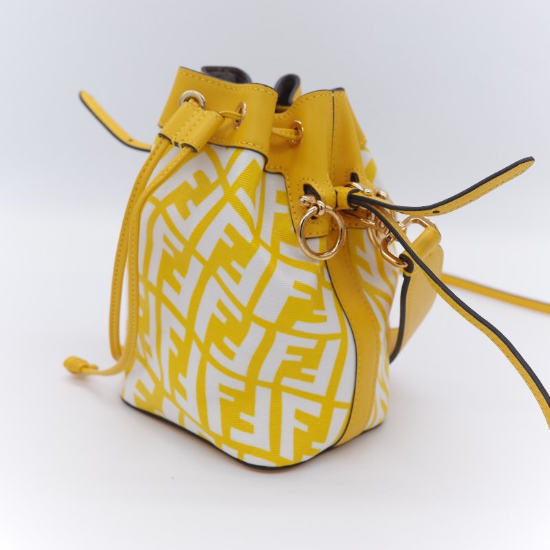 Fendi 芬迪 檸檬黃 印花帆布拚牛皮 迷你水桶包 手提包 斜掛包-3