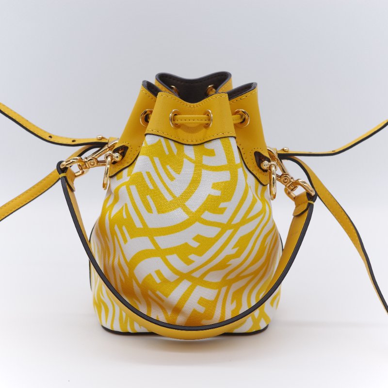 Fendi 芬迪 檸檬黃 印花帆布拚牛皮 迷你水桶包 手提包 斜掛包-4