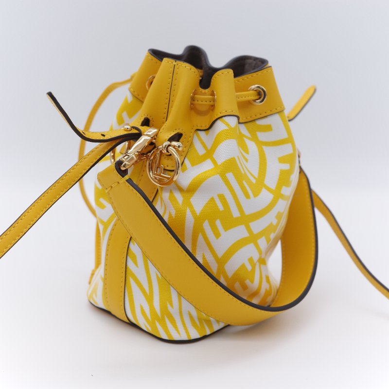 Fendi 芬迪 檸檬黃 印花帆布拚牛皮 迷你水桶包 手提包 斜掛包-5