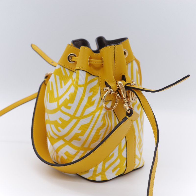 Fendi 芬迪 檸檬黃 印花帆布拚牛皮 迷你水桶包 手提包 斜掛包-6