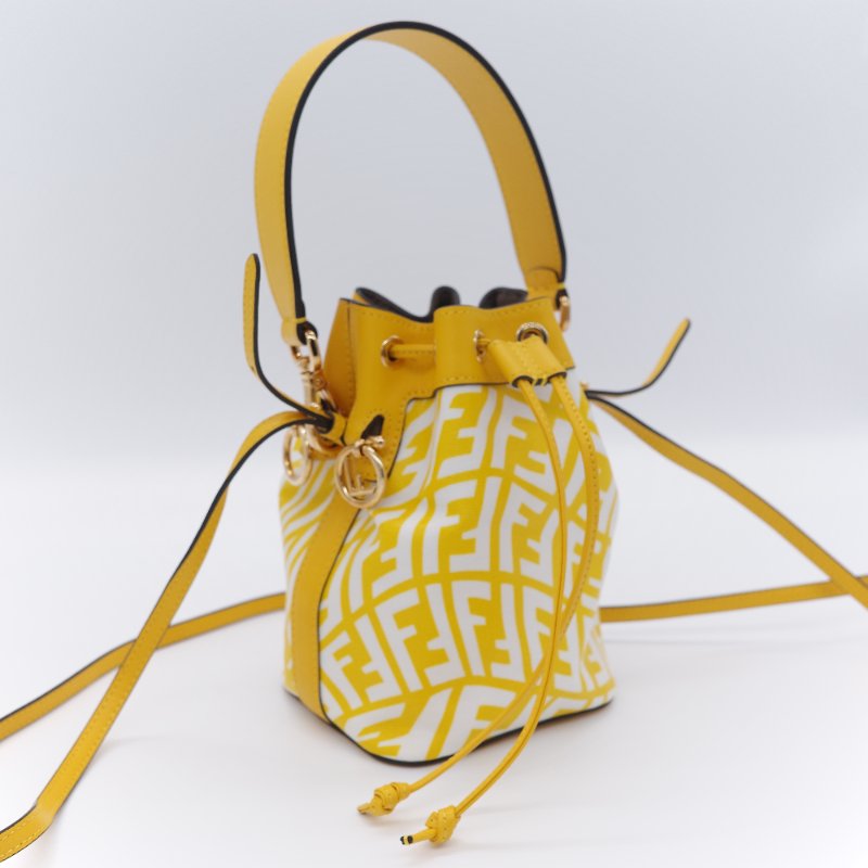 Fendi 芬迪 檸檬黃 印花帆布拚牛皮 迷你水桶包 手提包 斜掛包-7