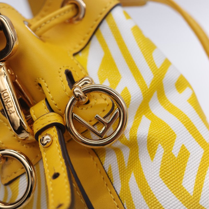 Fendi 芬迪 檸檬黃 印花帆布拚牛皮 迷你水桶包 手提包 斜掛包-11