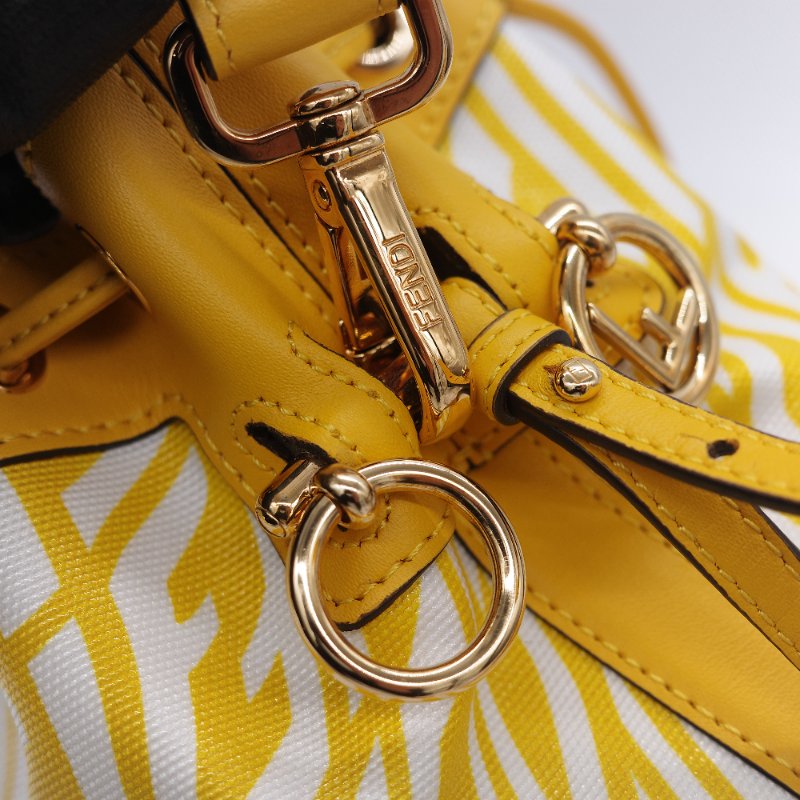 Fendi 芬迪 檸檬黃 印花帆布拚牛皮 迷你水桶包 手提包 斜掛包-12