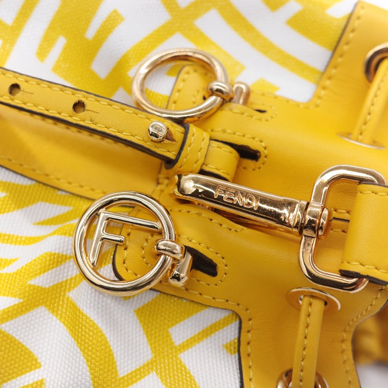 Fendi 芬迪 檸檬黃 印花帆布拚牛皮 迷你水桶包 手提包 斜掛包-17