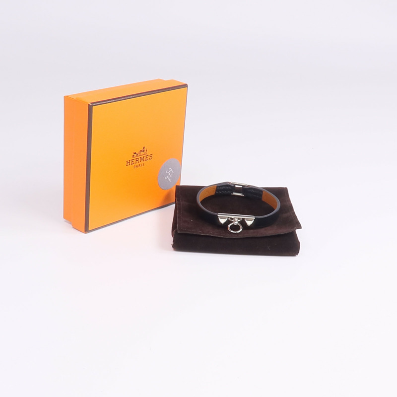 HERMES Swift皮革Rivale Mini Bracelet銀扣手鏈Noir-10
