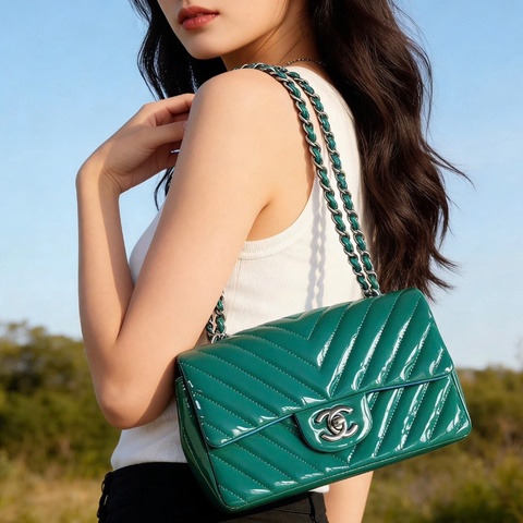 Chanel V紋CF大mini 綠色銀扣19*12*6.5 98新配件盒子 塵袋 保卡