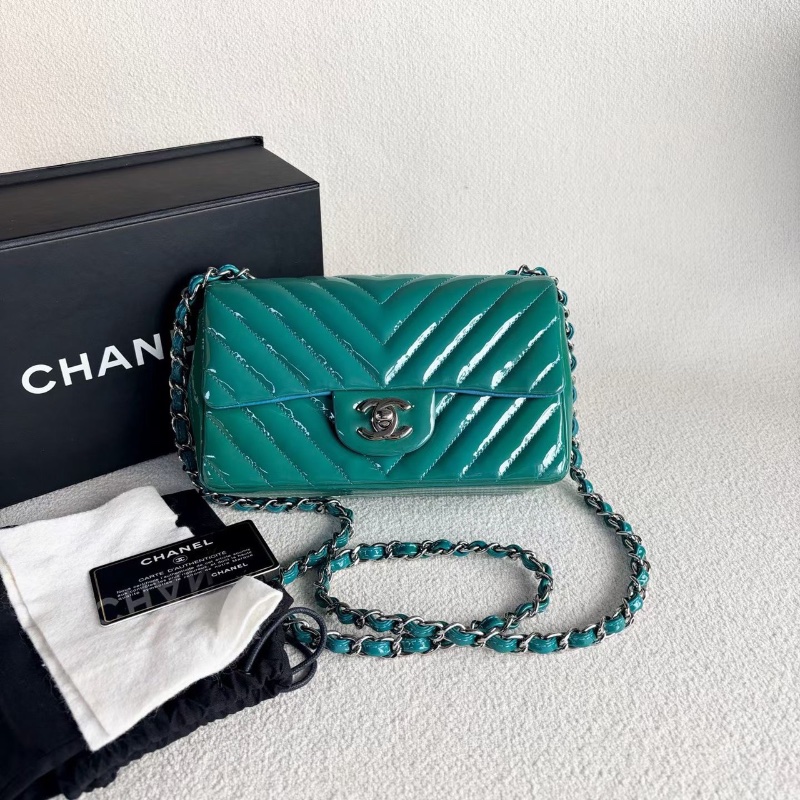 Chanel V紋CF大mini 綠色銀扣19*12*6.5 98新配件盒子 塵袋 保卡-1