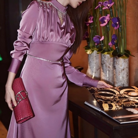 Hermes亮面鱷魚皮豬鼻子手拿包銀扣 天方夜譚紫 24.5*11*4 98新配件塵袋