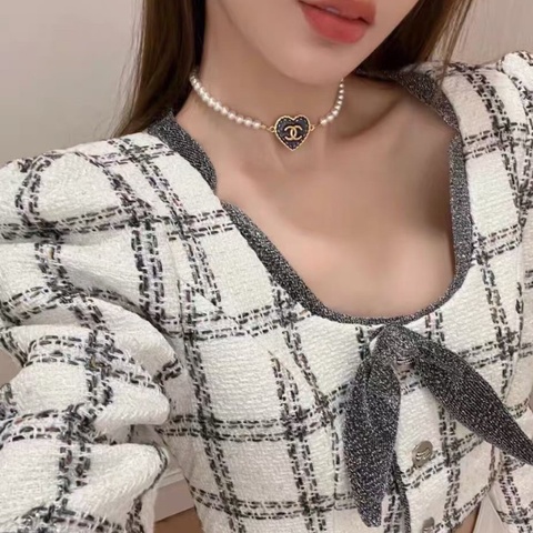 Chanel24P牛仔愛心珍珠項鍊鏈長37cm  99新配件購證 塵袋 盒子