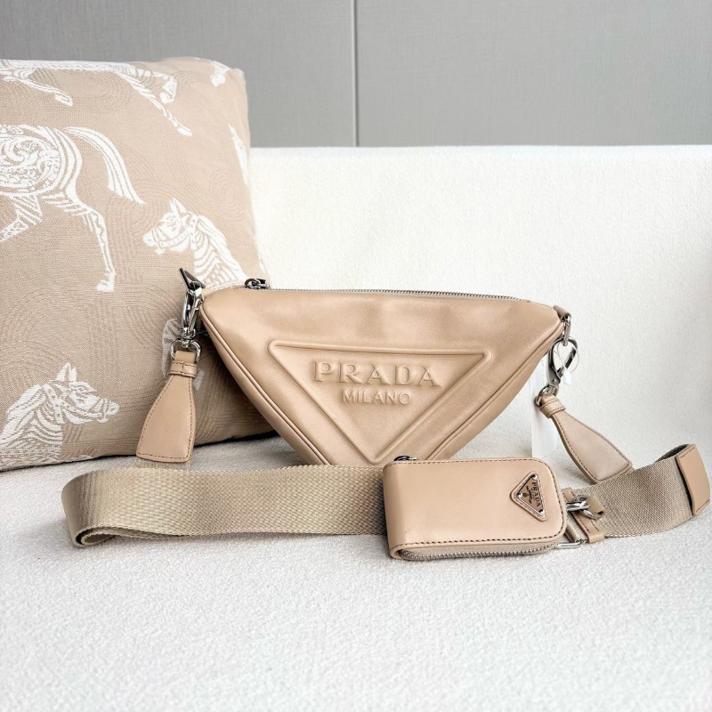 Prada Triangle二合一三角包 奶茶色 銀扣 可調節肩帶27*15*11 98新配件肩帶 零錢包 塵袋-6