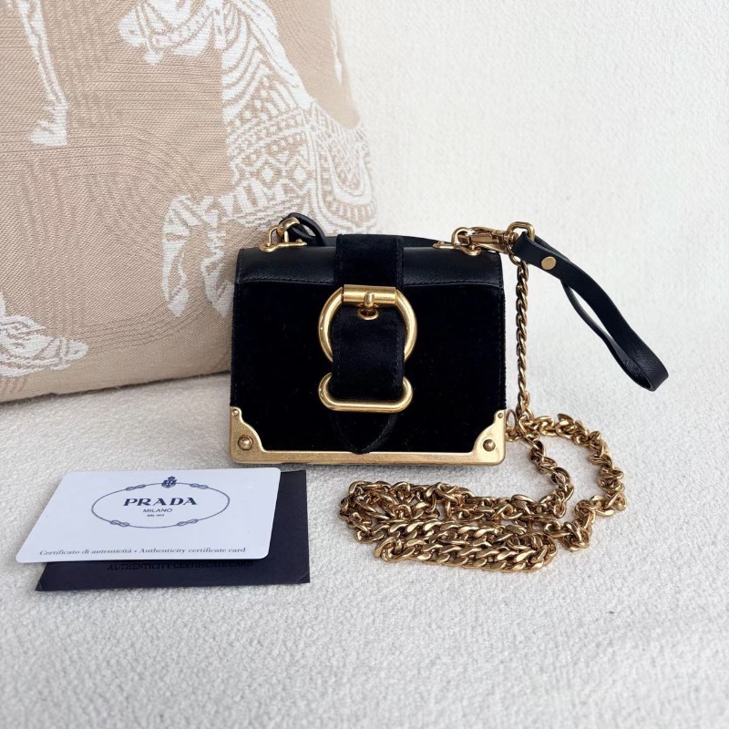 Prada mini絲絨雙面盒子包 黑色金扣 11*9*2 98新配件保卡 鏈條 塵袋-1