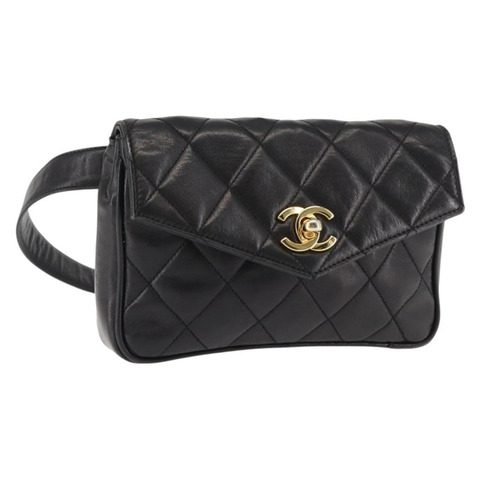 香奈兒 Matelasse 腰包 黑色 金色 CC 標誌 Auth 146618