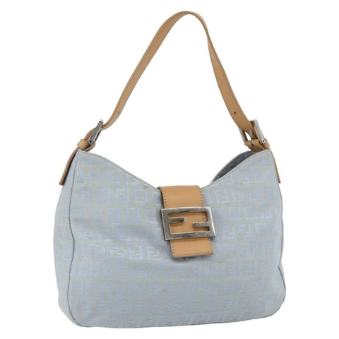 FENDI Zucchino帆布Mamma Baguette單肩包 淺藍 銀色 正品 ar13875V