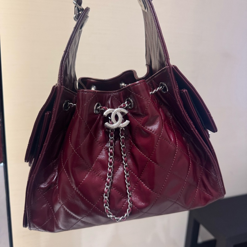 Chanel香奈兒26S油蠟皮銀扣酒紅色25Bag小號-0