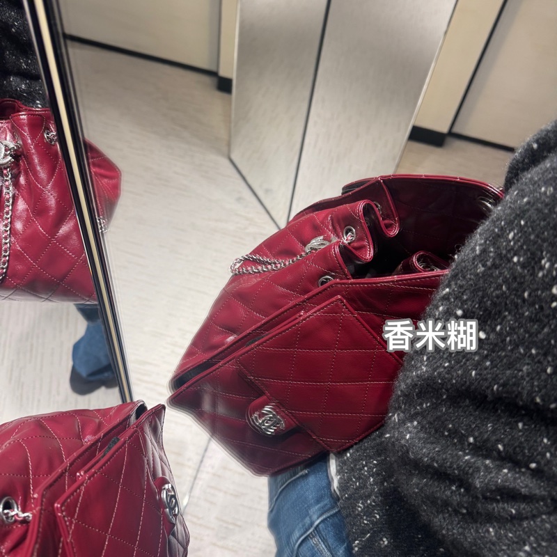 Chanel香奈兒26S油蠟皮銀扣酒紅色25Bag小號-6