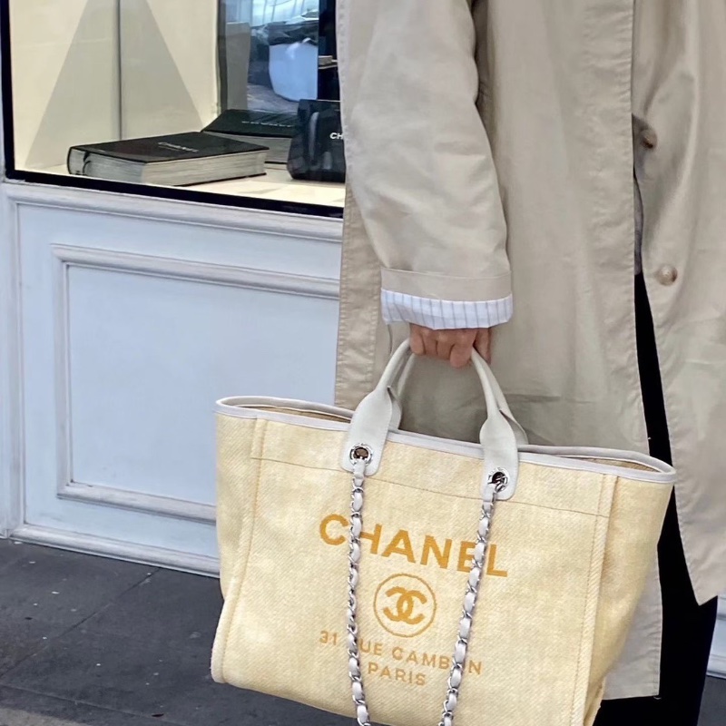 Chanel編織沙灘包 小雞黃銀扣 拉菲草拼皮38*28*12 98新配件塵袋-1