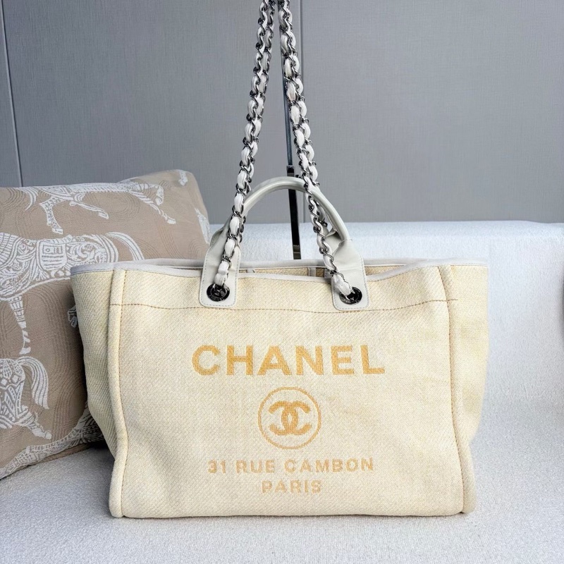 Chanel編織沙灘包 小雞黃銀扣 拉菲草拼皮38*28*12 98新配件塵袋-2