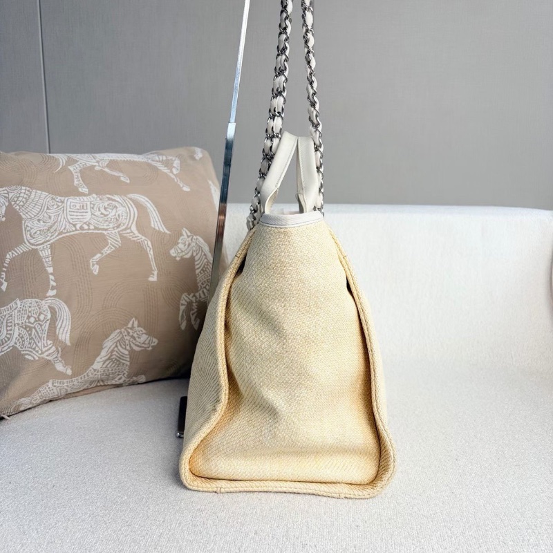 Chanel編織沙灘包 小雞黃銀扣 拉菲草拼皮38*28*12 98新配件塵袋-4