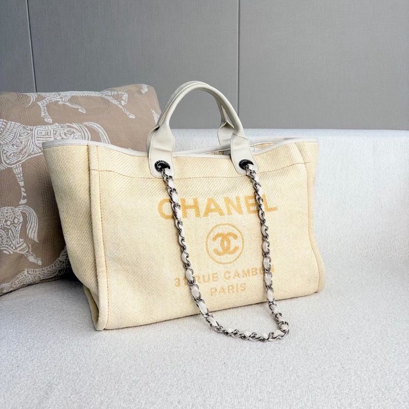 Chanel編織沙灘包 小雞黃銀扣 拉菲草拼皮38*28*12 98新配件塵袋-7