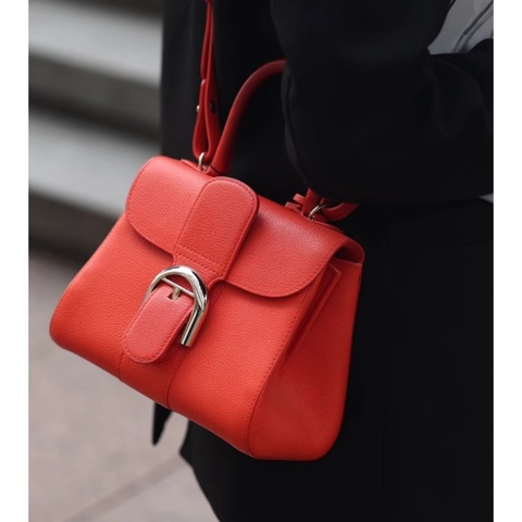 Delvaux橫版Erillant手提斜背包紅銀 紅色銀扣 牛皮 28*16*11 98新鏡子 說明書