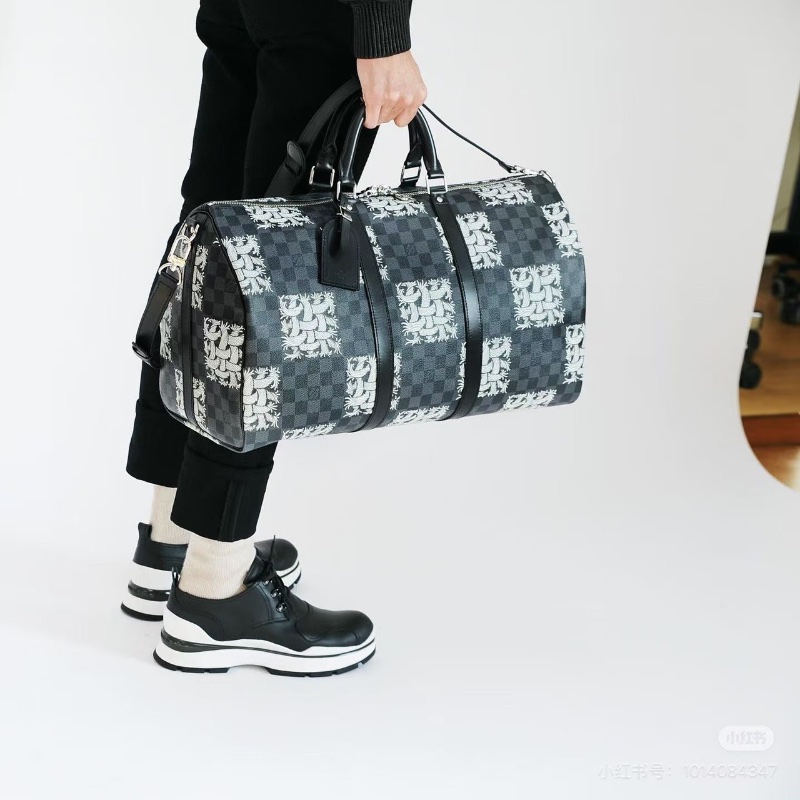 LV棋盤格藤原浩繩結keepall45旅行袋 45*25*21 98新可調節肩帶 鎖鑰匙 塵袋-0
