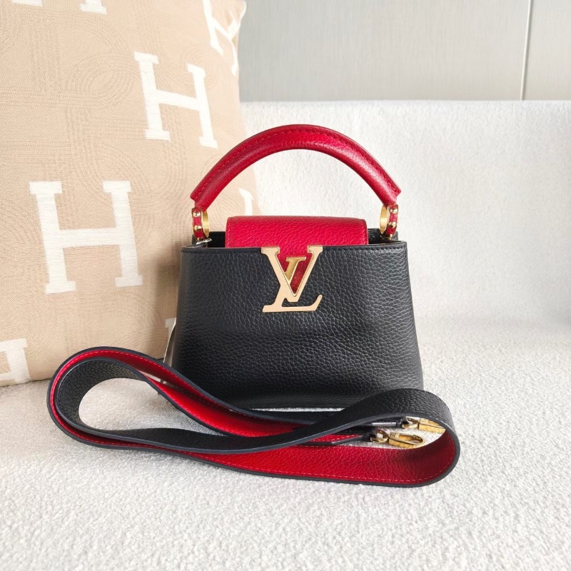 LV 拼色Capucines mini黑紅拼色 金扣荔枝皮 20*13*7.5 98新配件寬肩帶 塵袋-1