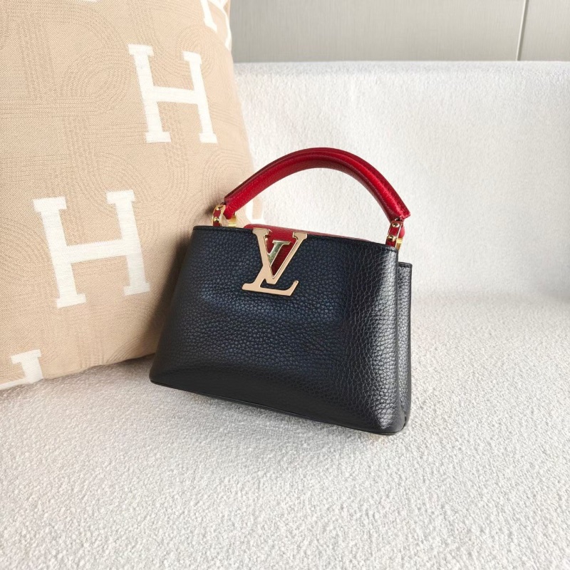 LV 拼色Capucines mini黑紅拼色 金扣荔枝皮 20*13*7.5 98新配件寬肩帶 塵袋-2